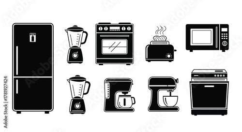 Set of black and white kitchen appliance icons simple glyphs cooking and food preparation isolated on white background