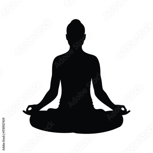 Silhouette of a woman meditating in lotus position for relaxation and health, person meditating silhouette vector illustration