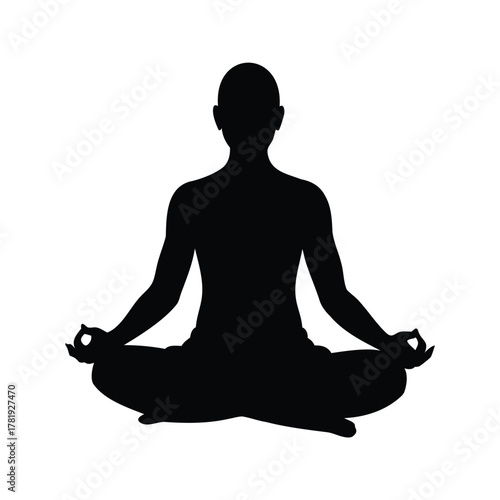 Silhouette of a person in a lotus position practicing mindfulness and meditation, person meditating silhouette vector illustration