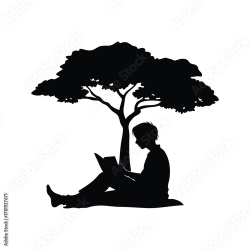 Silhouette of person reading under a tree in tranquil solitude and relaxation, person reading under a tree silhouette vector illustration