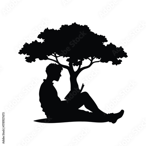Silhouette of a man reading a book under a tree, serene scene, person reading under a tree silhouette vector illustration