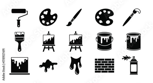 Set of painting and drawing icons simple black glyph elements creative projects isolated on white background