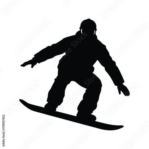 Silhouette of a snowboarder performing a trick on a white background image, person snowboarding silhouette vector illustration