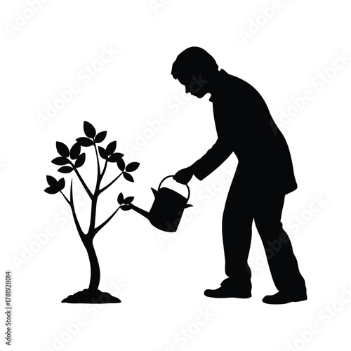 Silhouette of a person watering a newly planted tree with a can, person watering a tree silhouette vector illustration