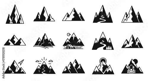 Set of mountain icons simple black and white glyphs illustration outdoor adventure and travel