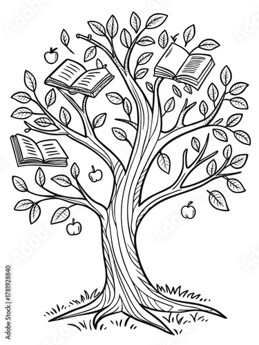 A detailed black and white hand-drawn illustration of a tree with open books growing from its branches instead of leaves. The trunk is textured with sketch-like lines showing depth and natural flow.