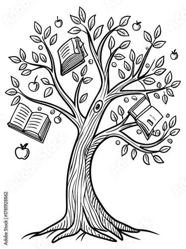 A black and white line drawing depicts a stylized tree with branches bearing both apples and open books. The tree has a textured trunk and stands on a grassy patch, symbolizing growth, knowledge.