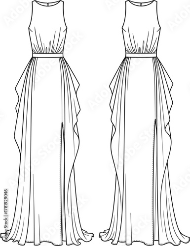 Cad drawing flat vector illustration, technical fashion sketch, evening gown design, front view, draped panels, slit skirt, garment construction template