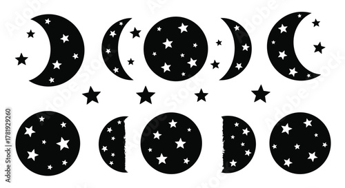 Phases of the moon with stars a simple flat illustration isolated on white background astronomy and astrology projects