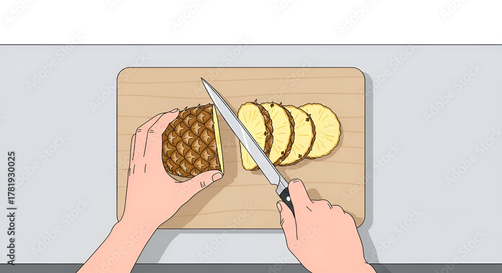 Obraz premium Preparing fresh pineapple slices for a vibrant summer smoothie or tropical fruit salad with a sharp knife on a wooden cutting board