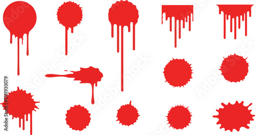 Red splatters and drips of various shapes and sizes against a white background