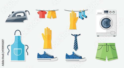 Set of laundry and cleaning icons flat elements household chores isolated on white background
