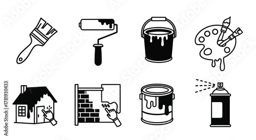 Set of painting and renovation icons simple line art illustration home improvement and construction projects isolated on white background