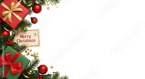 Christmas Corner Border with Gift Boxes, Holly, and Greeting Card