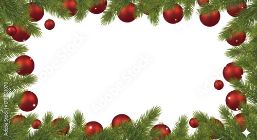 Christmas Fir Tree Frame Border with Red Baubles