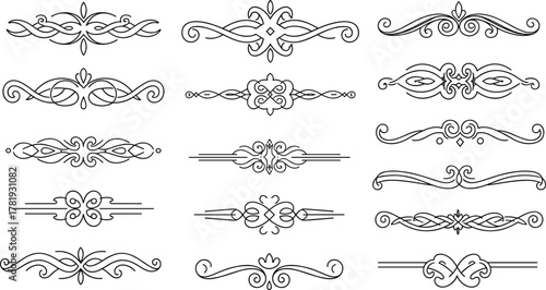 Elegant ornamental divider set, vintage flourishes, decorative line art, symmetrical swirls, formal design elements, certificate borders, invitation separators, vector illustration