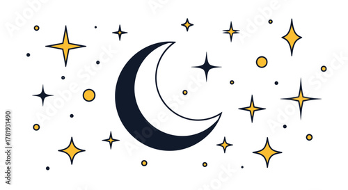 Crescent moon and stars illustration simple flat element isolated on white background astronomy and astrology concepts