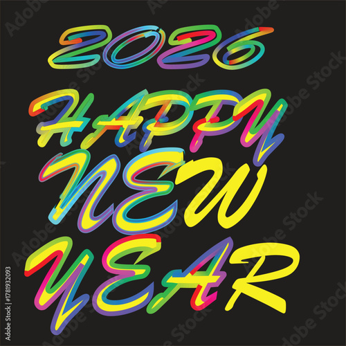 Colorful 2026 happy new year text isolated on white background
