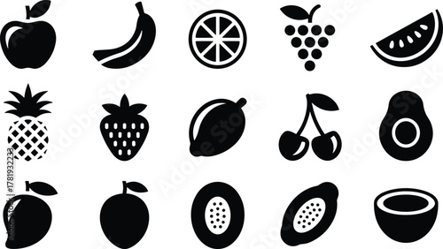 Fruit Silhouette Icon Set – Vector Symbols of Fresh Produce for Food, Nutrition, and Organic Design