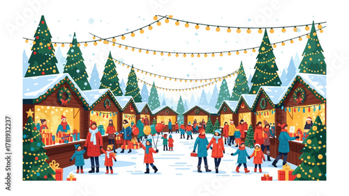 Festive Holiday Market: A bustling winter market scene, where cozy wooden stalls are adorned with festive lights and decorations, offering a delightful array of seasonal goods.