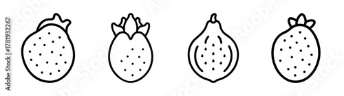 Four line art icons depicting different types of strawberries and a fig