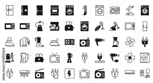 Set of household appliance icons simple black and white glyphs web and mobile isolated on white background