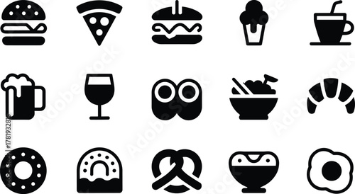 Assortment of Food and Drink Icons in Black Silhouette Style burger pizza