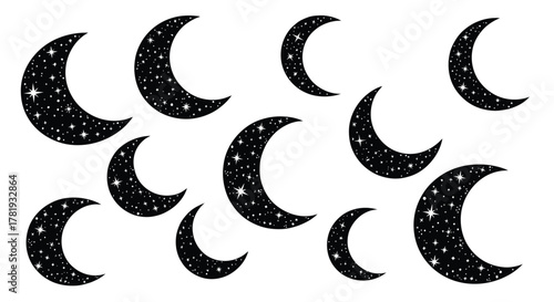 Collection of crescent moon illustrations with stars elements isolated on white background astronomy and astrology concepts