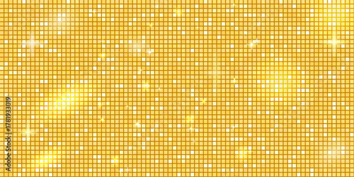 Yellow disco ball mosaic with golden mirror glitter gradient background. Shiny metallic gold tones pattern. Festive fashion light decoration. Glam sparkle Christmas wall. Vector gradation illustration