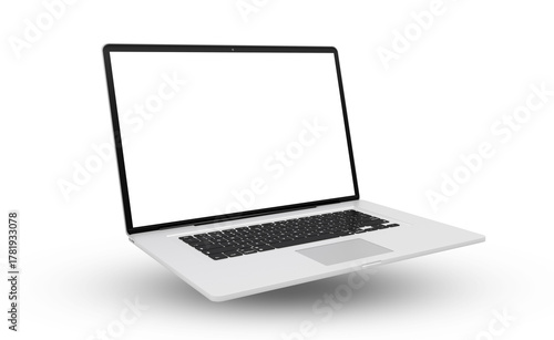 Floating modern laptop computer screen isolated on transparent background with shadows. 3D rendering