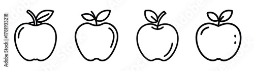 Four stylized outline apples with leaves simple line art drawing