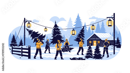 Winter Forest Gathering: Amidst a snow-dusted forest scene, people are actively involved in the preparation and arrangement of a Christmas tree with a background of glowing lanterns.