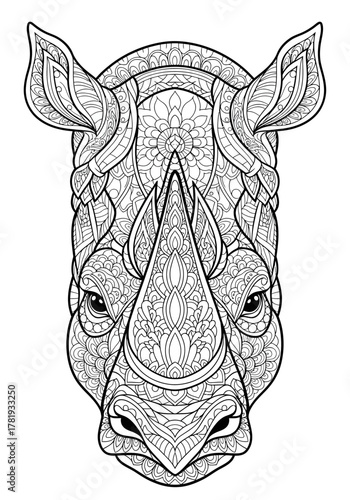 Intricate Zentangle-style adult coloring page featuring a detailed rhinoceros head with elaborate patterns and designs.