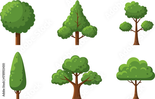 Illustration of a collection flat cartoon trees with bright green leaves