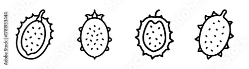 Kiwano horned melon fruit line art set food drawing exotic produce fresh ingredient