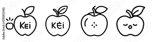 Cute hand-drawn apples with 'kei' text and adorable faces for graphics and design