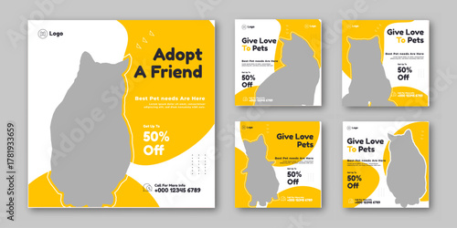 Set of pet care promotion banner social media pack template. Pet adoption social media post template. Pet shop social media carousel template.