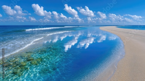Serene Tropical Sandbar With Calm Water Reflecting Blue Sky and White Clouds