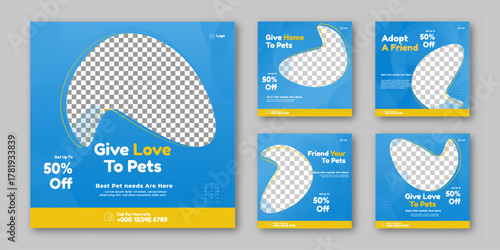 Set of pet care promotion banner social media pack template. Pet adoption social media post template. Pet shop social media carousel template.