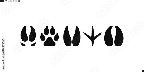Paw prints icon set. Bull cow pig wolf goat rooster bison and fox paw prints