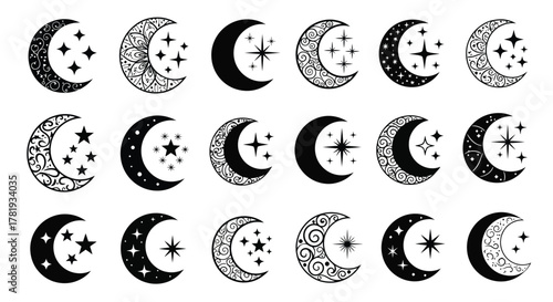 Set of crescent moon and star icons celestial elements isolated on white background astrology and night sky concepts