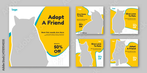Set of Adopt pet care promotion banner social media pack template. Pet adoption social media post template. Pet shop social media carousel template.