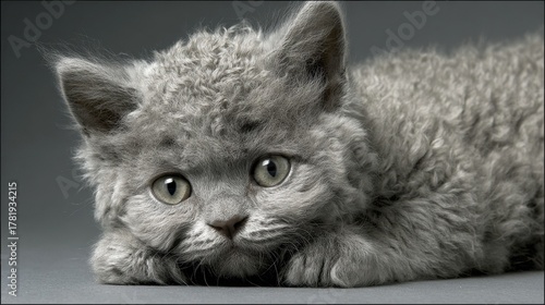Cute Selkirk Rex Kitten with Curly Grey Coat and Adorable Muzzle