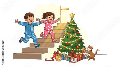 Festive Ascent: Two children in pajamas joyfully run down the stairs towards a beautifully adorned Christmas tree, their excitement palpable, surrounded by presents and the warmth of holiday cheer.