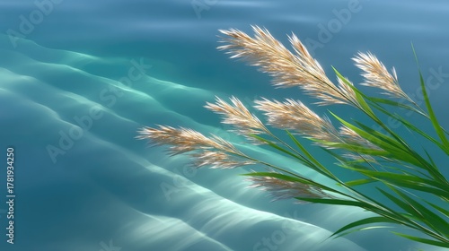 Soft focus image of tall green seagrass with tan seed heads gently swaying in shallow rippling turquoise water with sunlight dappling the surface