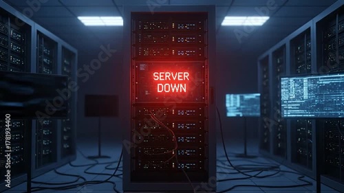 Server down alert glowing red in dark data center, network outage crisis concept.