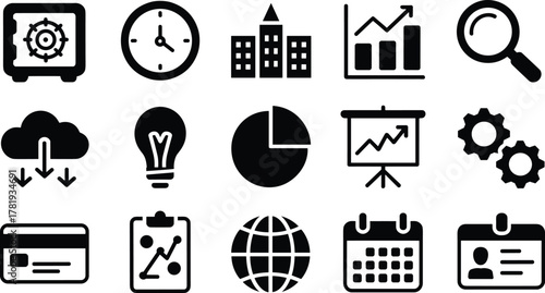 Business and Finance Icons with Safe, Clock, Buildings, Graph, Magnifying Glass, Cloud