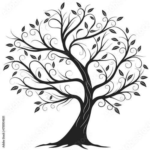 A stylized black and white illustration shows a tree with a thick trunk and swirling branches adorned with detailed leaves. The symmetrical, decorative design emphasizes flowing lines.