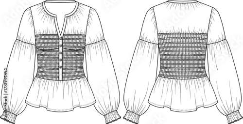 Cad drawing flat vector illustration, puff sleeve blouse, smocked waist design, peplum hem, fashion sketch, technical garment construction template