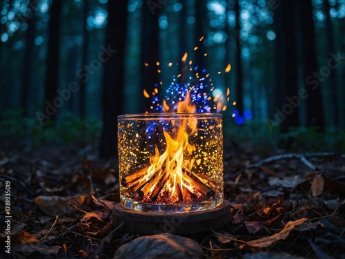 A small campfire burning inside a glass, with a forest in the background.
